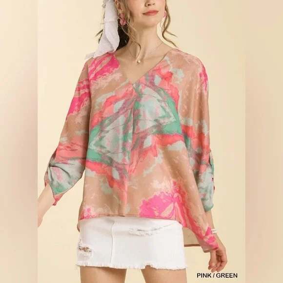 Umgee Pink Green Abstract Blouse Watercolor Boho Artist Resort Vacation Top L - Picture 1 of 10